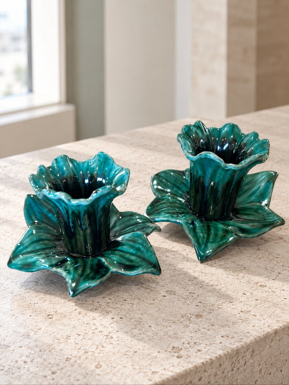 Vintage Canuck Pottery Evangeline 970 Teal Daffodil Candle Holders Pair